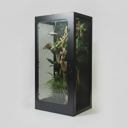 Aboreal PVC Repticube Reptile terrarium with plants and branches on a white background