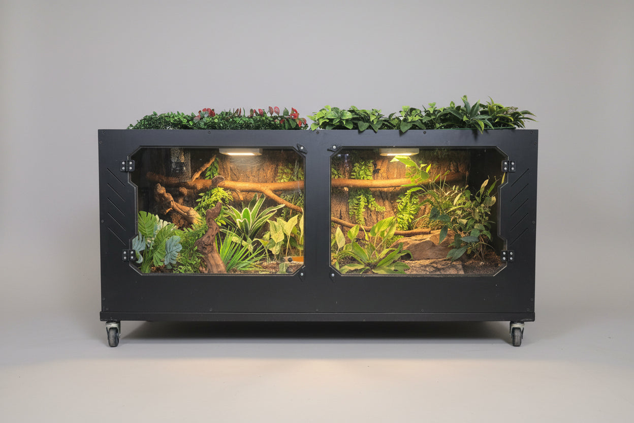 Large terrarium with plants and natural elements on wheels, surrounded by greenery.