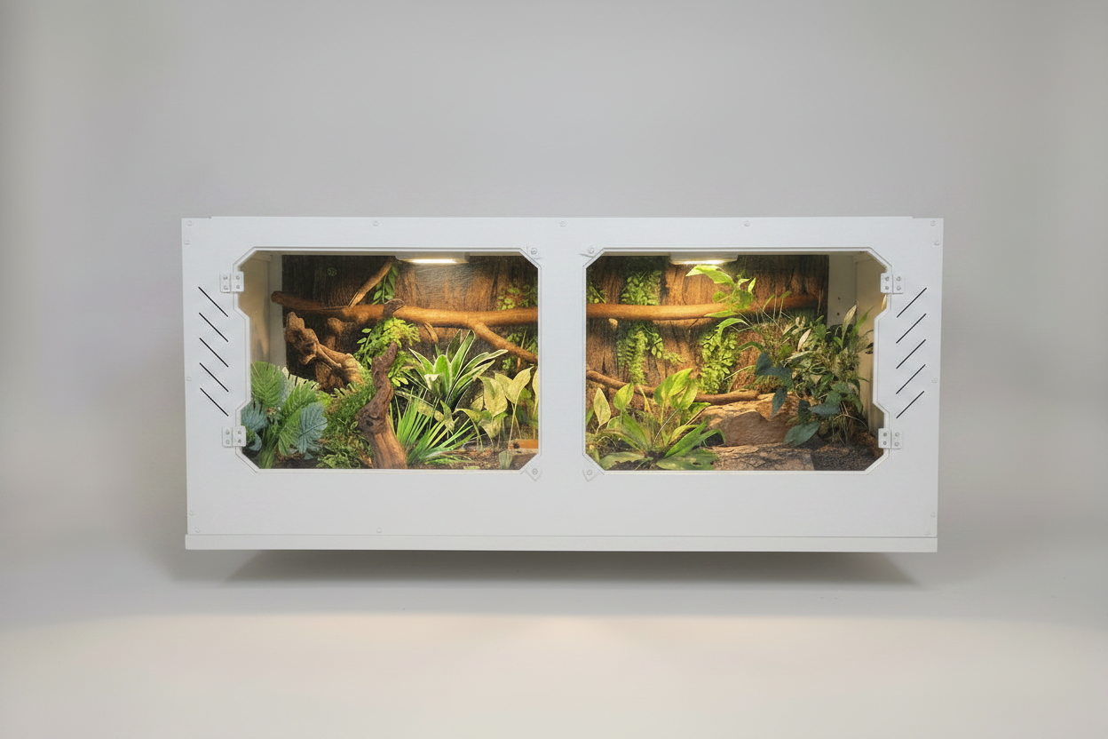 White PVC Reptile terrarium with plants and branches on a gray background