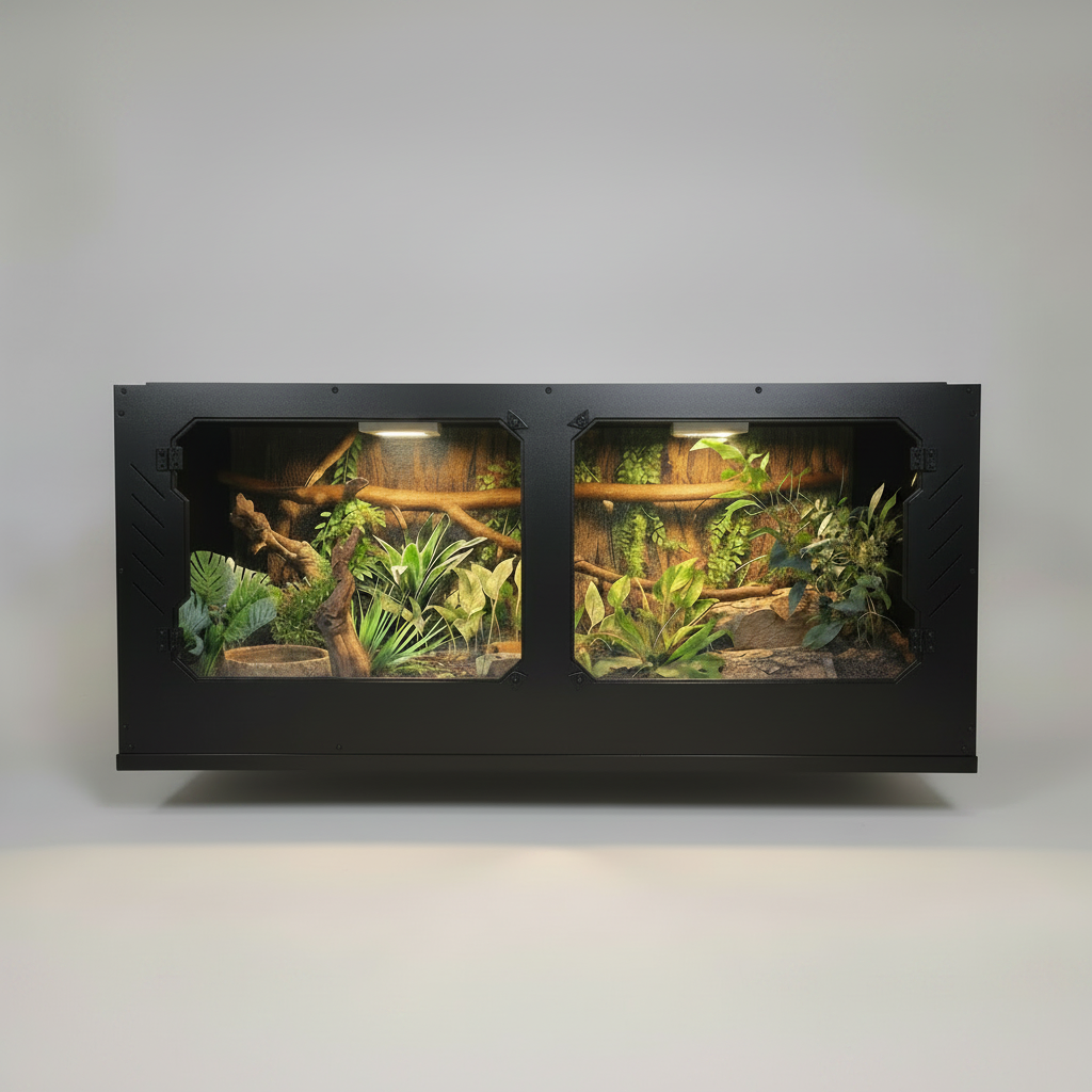 Reptile terrarium for snakes  with plants and rocks on a white background
