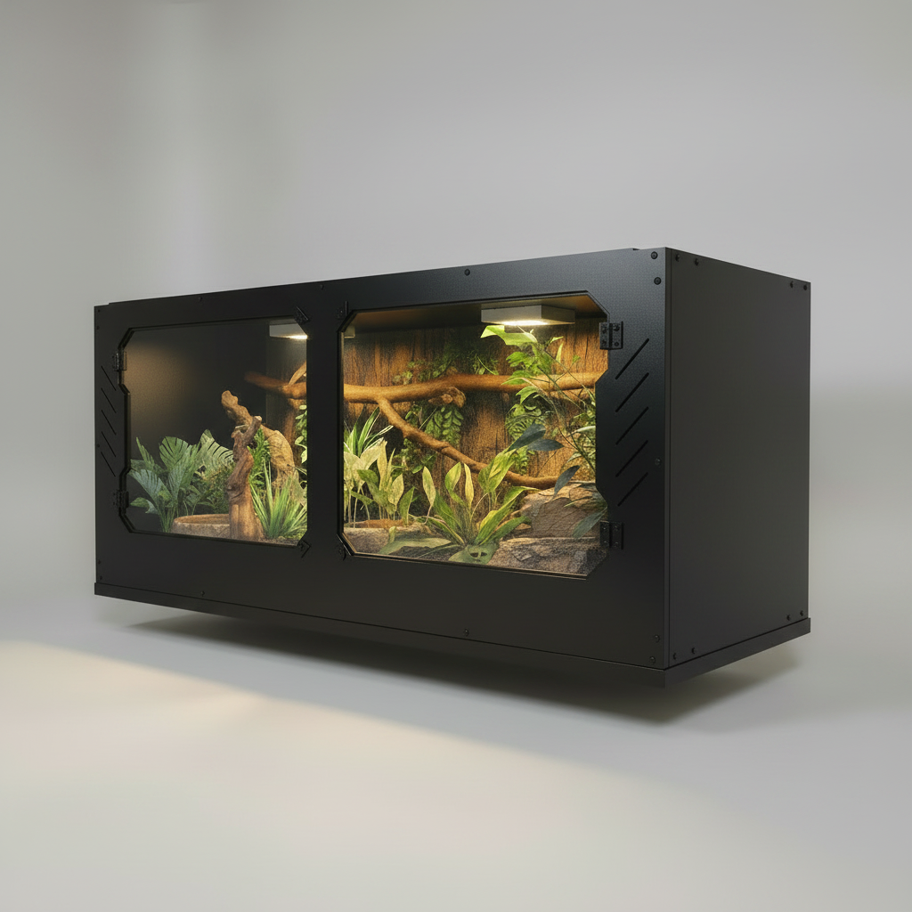 Black snake terrarium with plants and branches on a grey background