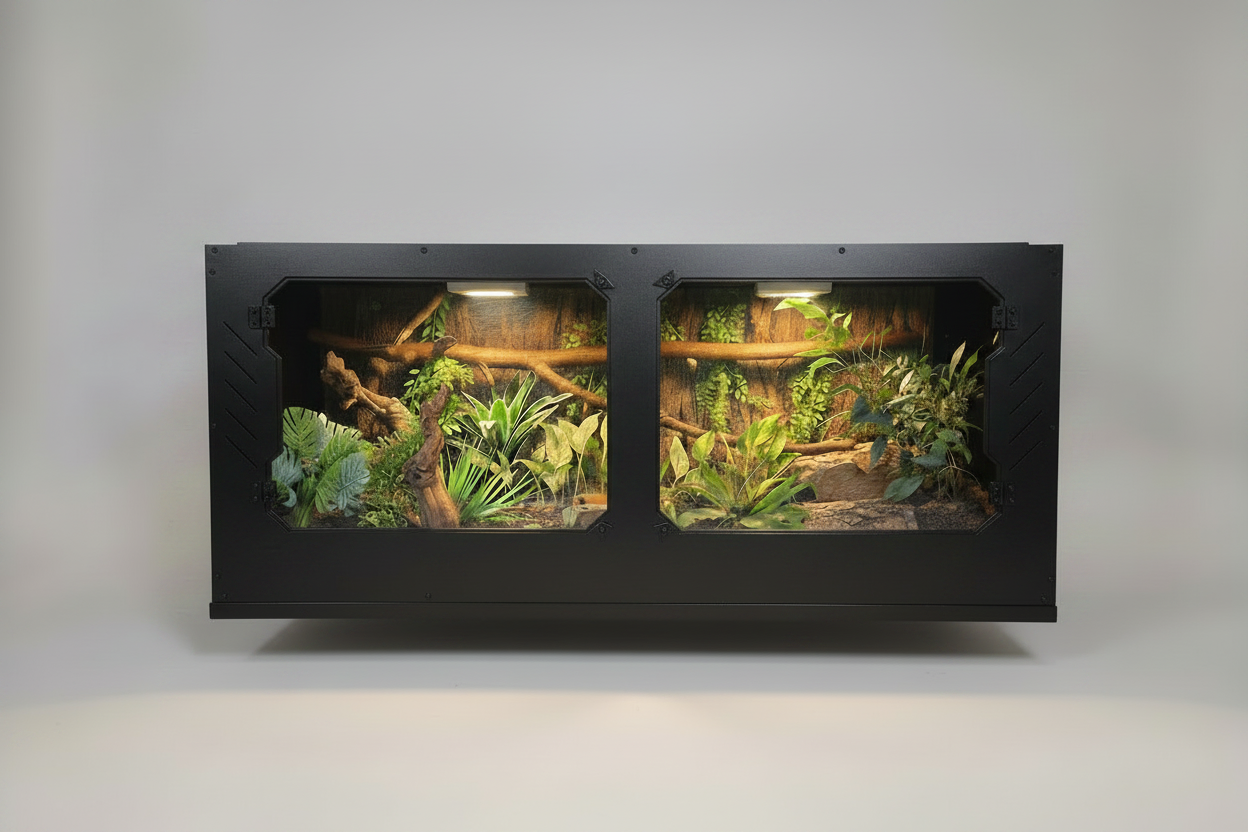 Black PVC reptile terrarium with plants and branches on a white background