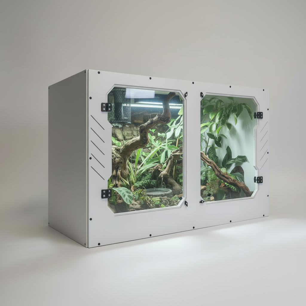 Reptile terrarium with glass doors on a white background