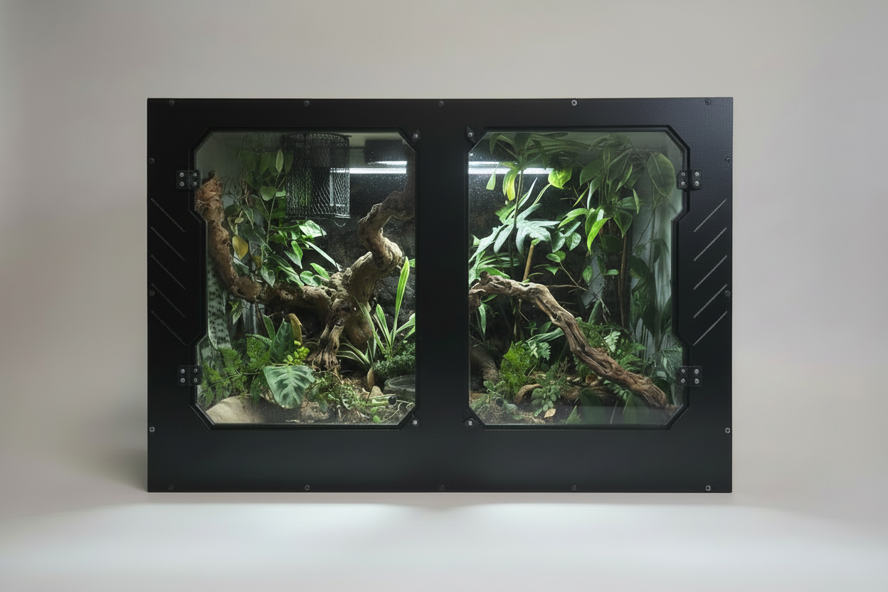 Reptile PVC enclosure  terrariums with plants and branches on a white background