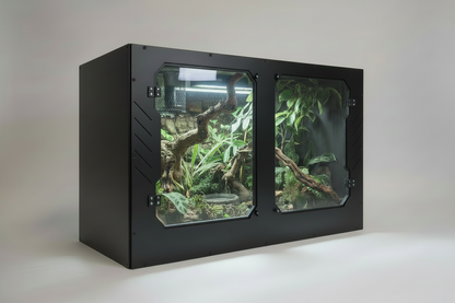 Black PVC enclosure with pvc glass doors displaying a naturalistic interior with plants and branches.