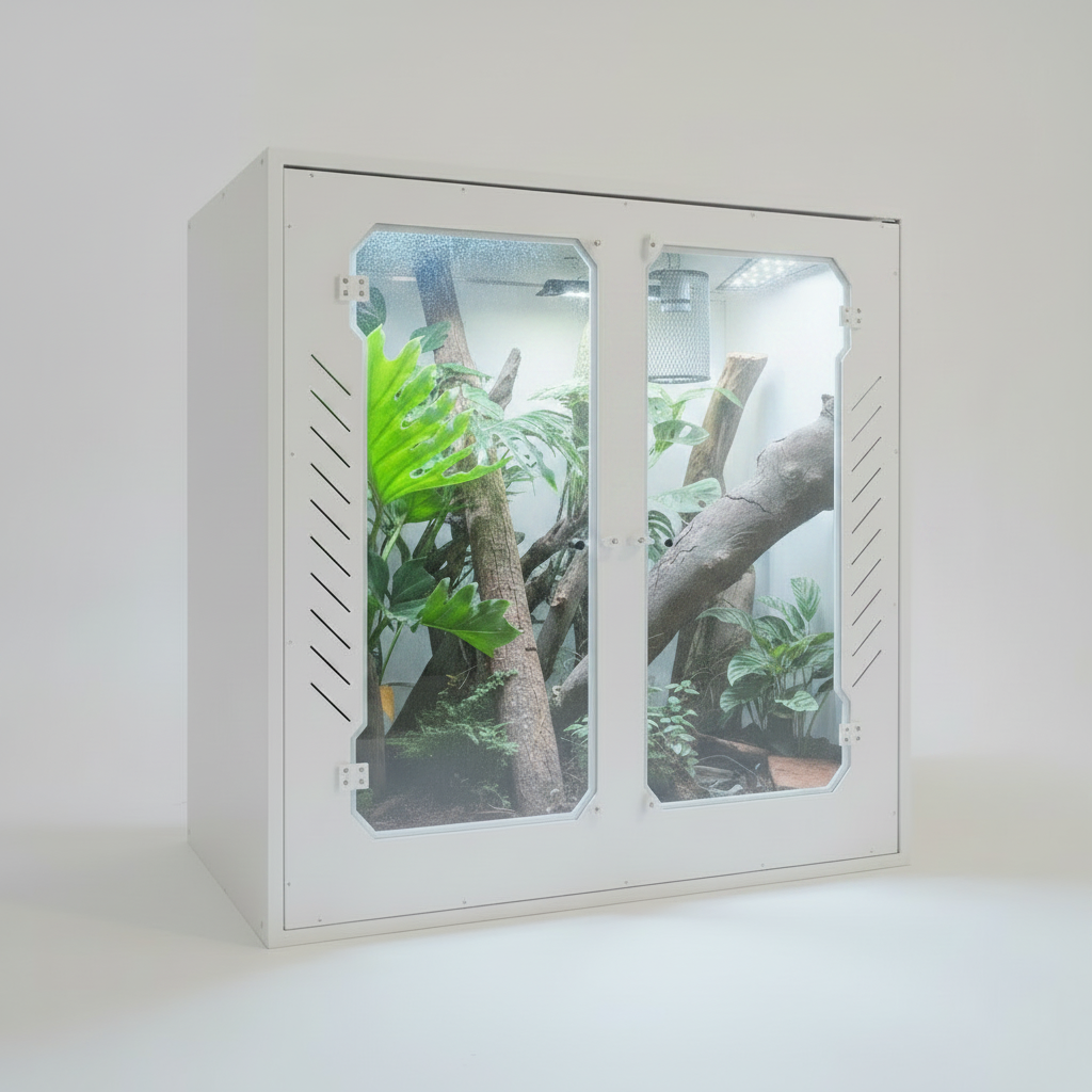 Reptrile terrarium with glass doors on a white background