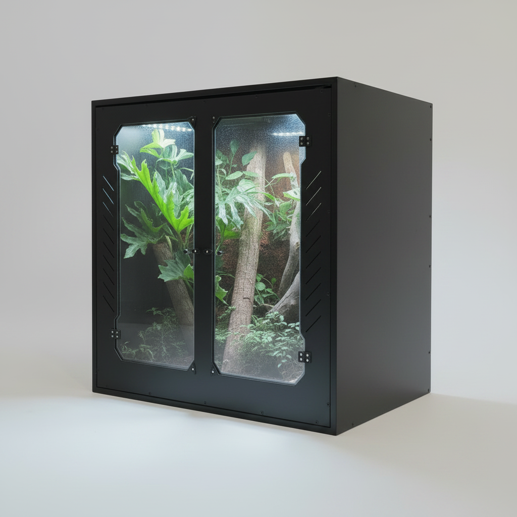 Black PVC arboreal enclosure with plants inside on a white background