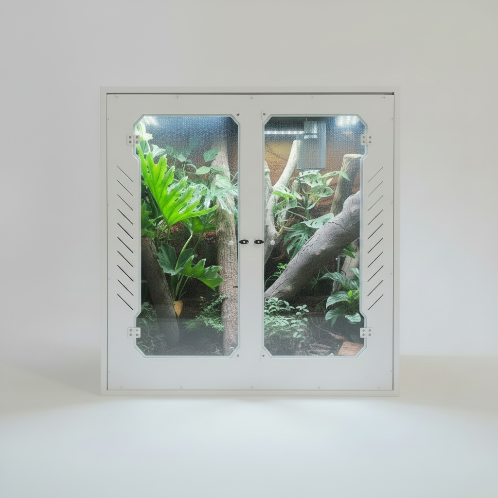 Reptile enclosure in pvc plant display case with glass doors on a white background