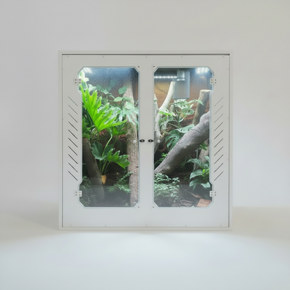 Reptile enclosure in pvc plant display case with glass doors on a white background