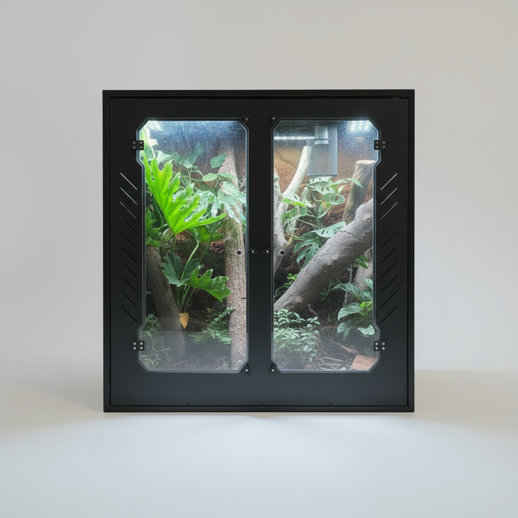 Reptile arboreal terrarium with plexiglass doors on a white background