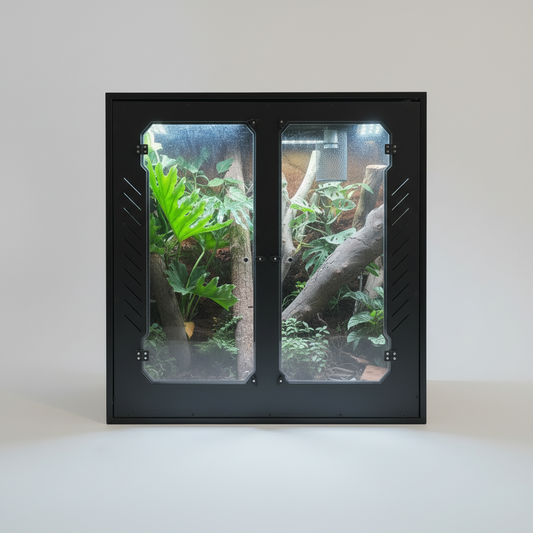 Reptile arboreal terrarium with plexiglass doors on a white background