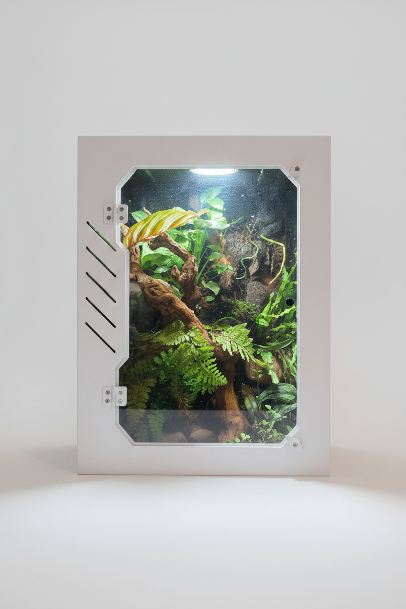 PVC reptile enclosure with plants inside on a white background