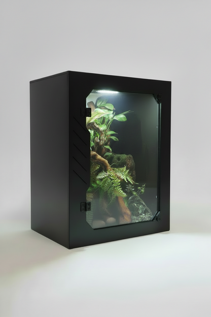BlackPVC reptile  terrarium with plants on a white background