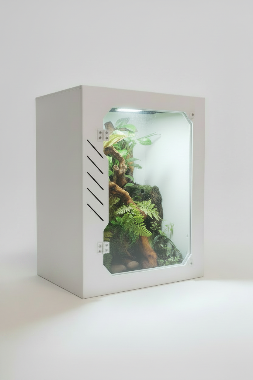 Small terrarium with plants inside a white box on a light gray background
