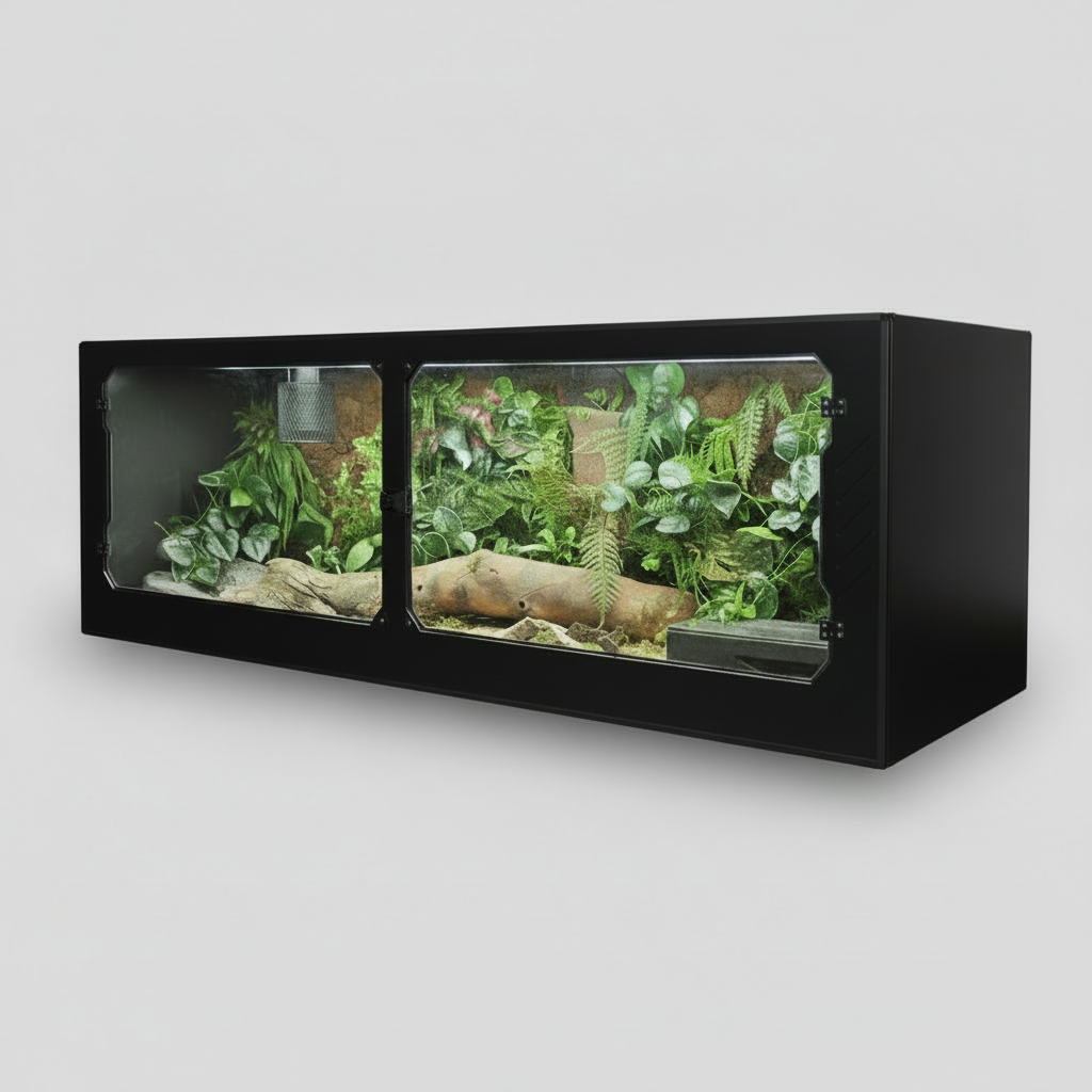 Black terrarium with green plants and a log on a white background