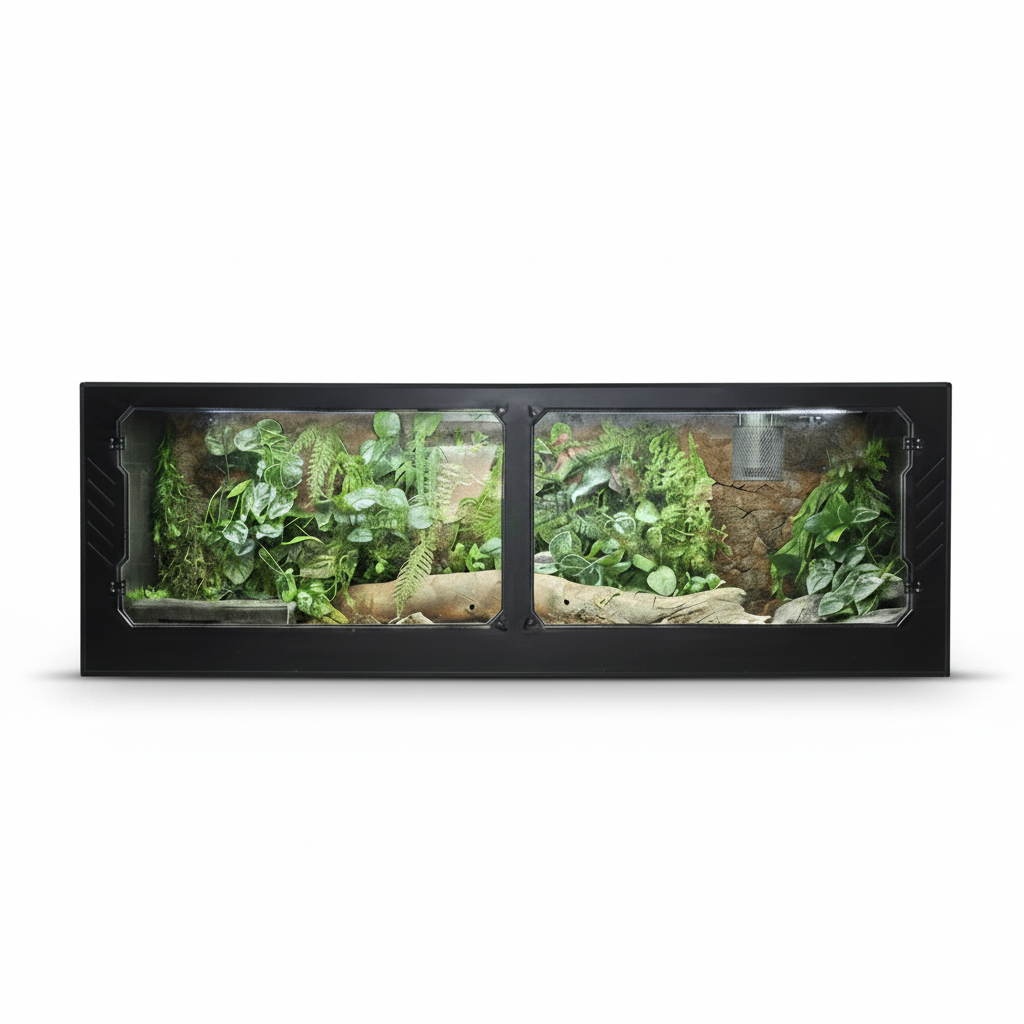 PVC reptile terrarium with green plants and a log on a white background