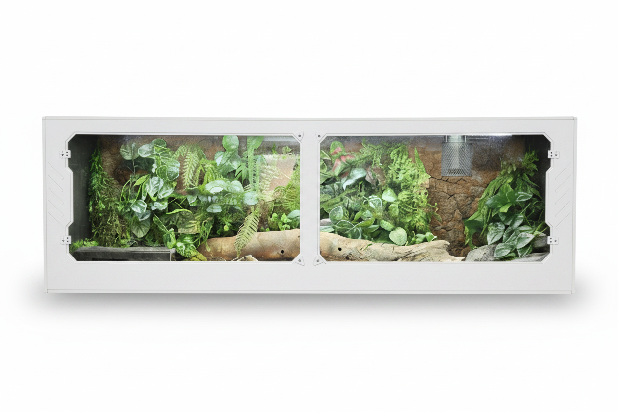 PVC reptile terrarium with plants on a white background
