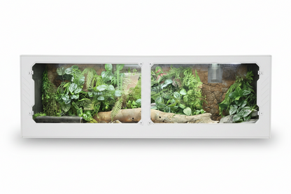 PVC reptile terrarium with plants on a white background