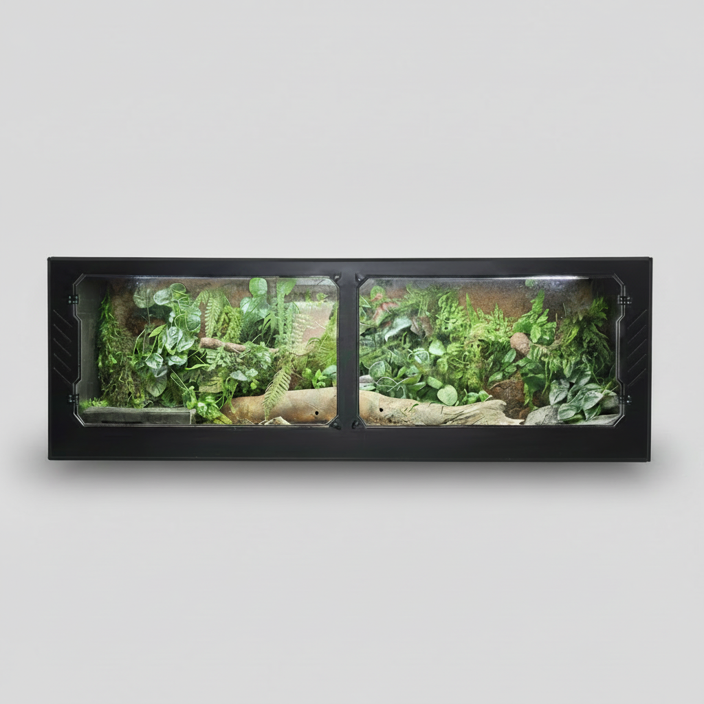 PVC reptile enclosure terrarium with plants and rocks on a gray background