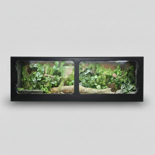 PVC reptile enclosure terrarium with plants and rocks on a gray background