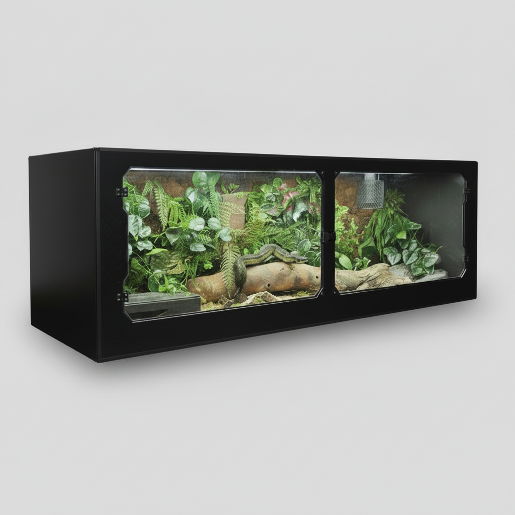 Black-framed terrarium with green plants and a lizard on a gray background