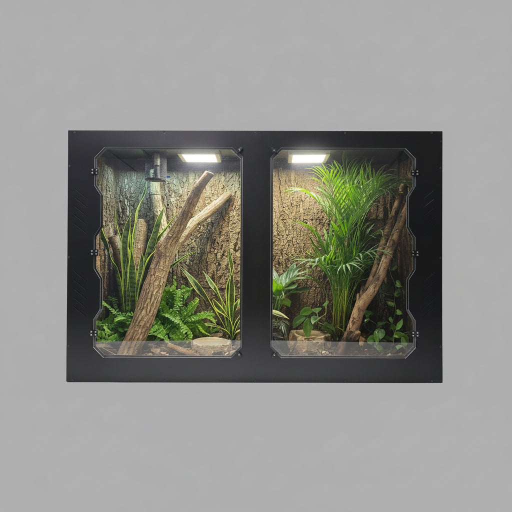 Reptile terrarium with plexiglass doors, plants, and branches on a white background