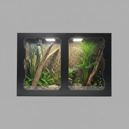 Reptile terrarium with plexiglass doors, plants, and branches on a white background