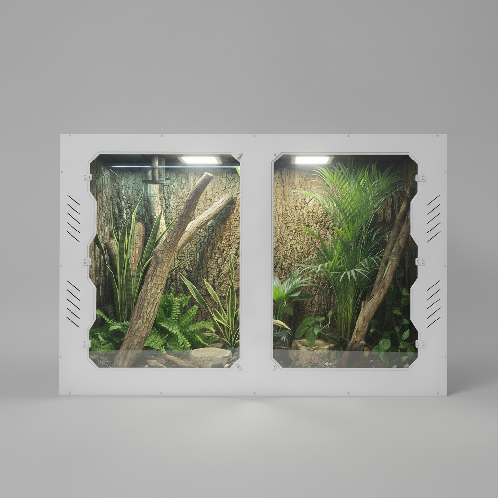 PVC Reptile enclosure with plexi glass panels showing a naturalistic design with plants and branches.