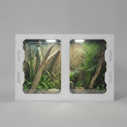 PVC Reptile enclosure with plexi glass panels showing a naturalistic design with plants and branches.
