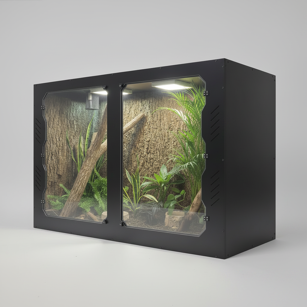 Black reptile enclosure with pvc glass doors displaying a naturalistic interior with plants and branches on a gray background