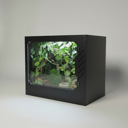 Black PVC reptile terrarium with plants on a white background
