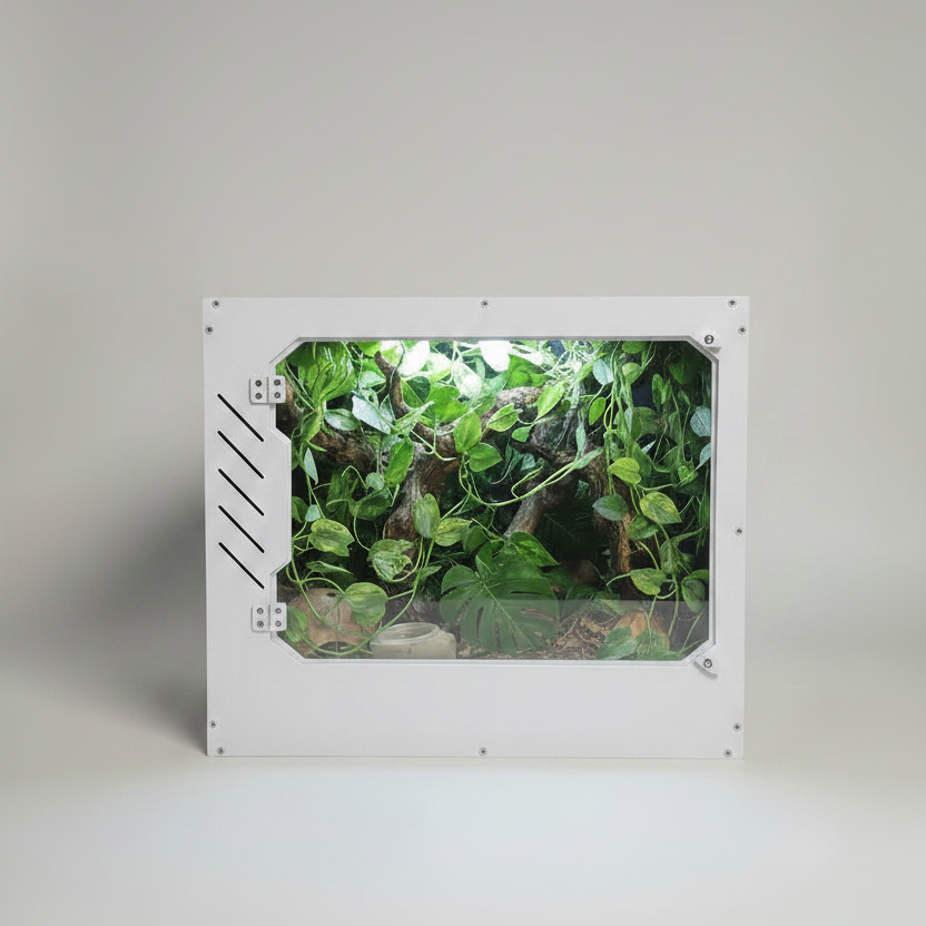 White Repticube PVC reptile enclosure with green plants inside on a white background