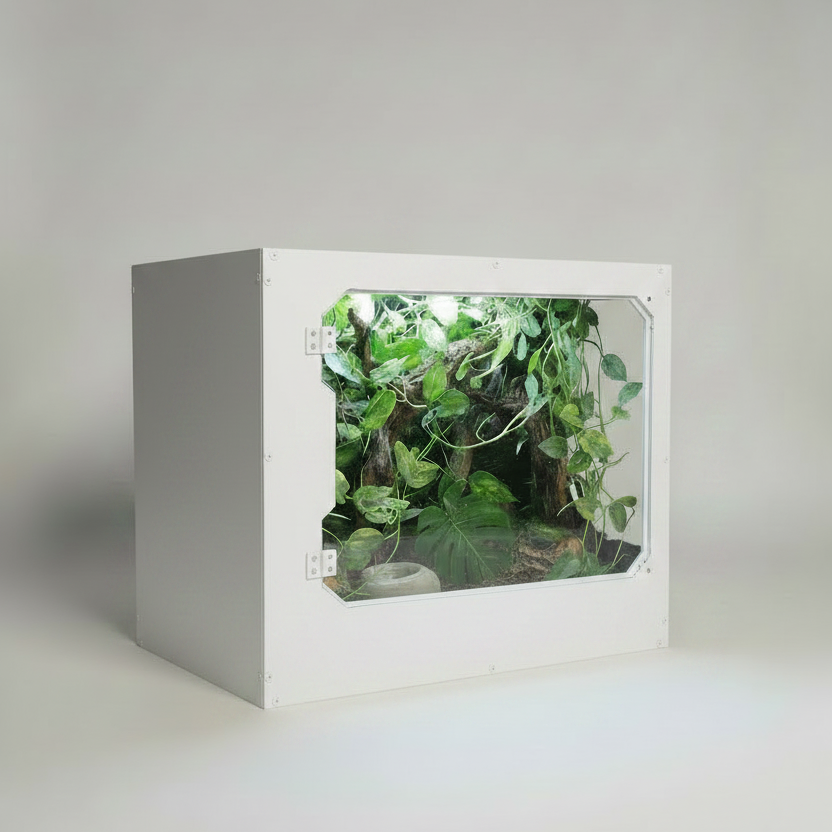 White Repticube reptlle enclosure with a clear front panel displaying green plants on a white background