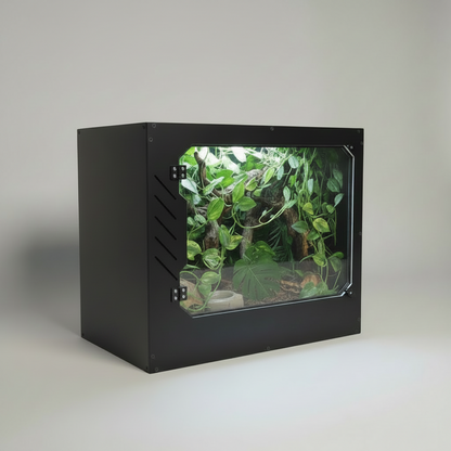 Black PVC reptile terrarium with green plants on a white background