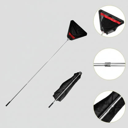 A black triangularsnake net with a long silver metal handle, shown alongside its black storage bag. Three circular inset diagrams on the right detail the net's head, the handle, and the bag.