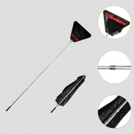 A black triangularsnake net with a long silver metal handle, shown alongside its black storage bag. Three circular inset diagrams on the right detail the net's head, the handle, and the bag.