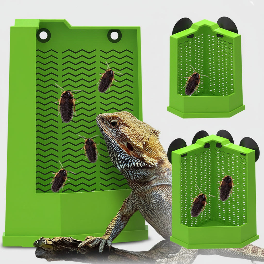 Green plastic insect trap panels with a bearded dragon lizard shown beside them, plus two smaller inset views of the traps on a dark and light background.