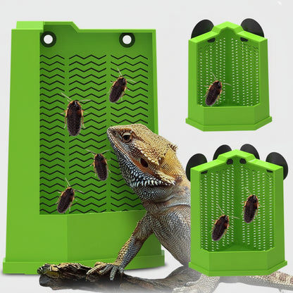 Green plastic insect trap panels with a bearded dragon lizard shown beside them, plus two smaller inset views of the traps on a dark and light background.