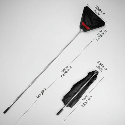 Snake catching bag with a long silver metal handle, shown in both extended and folded positions with dimension labels on a white background.