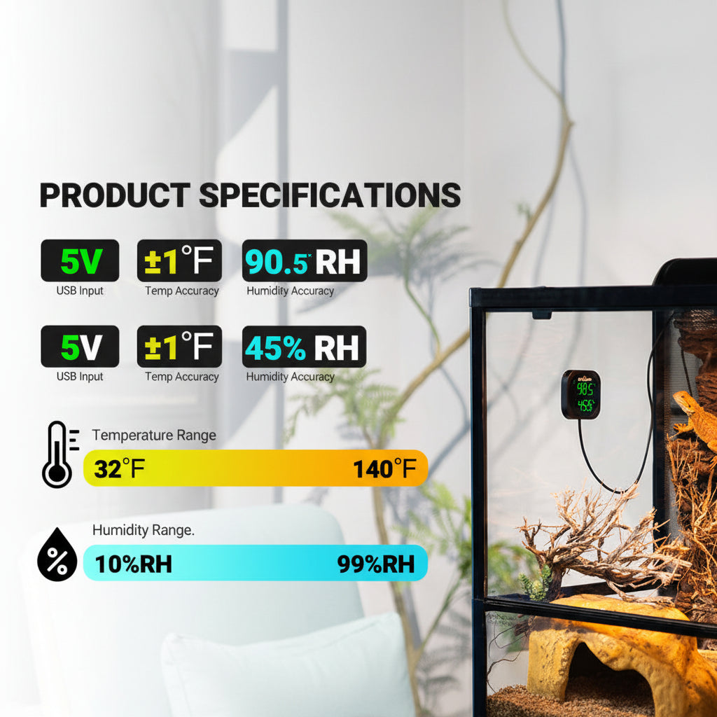Reptile terrarium with temperature and humidity display, product specifications overlay.