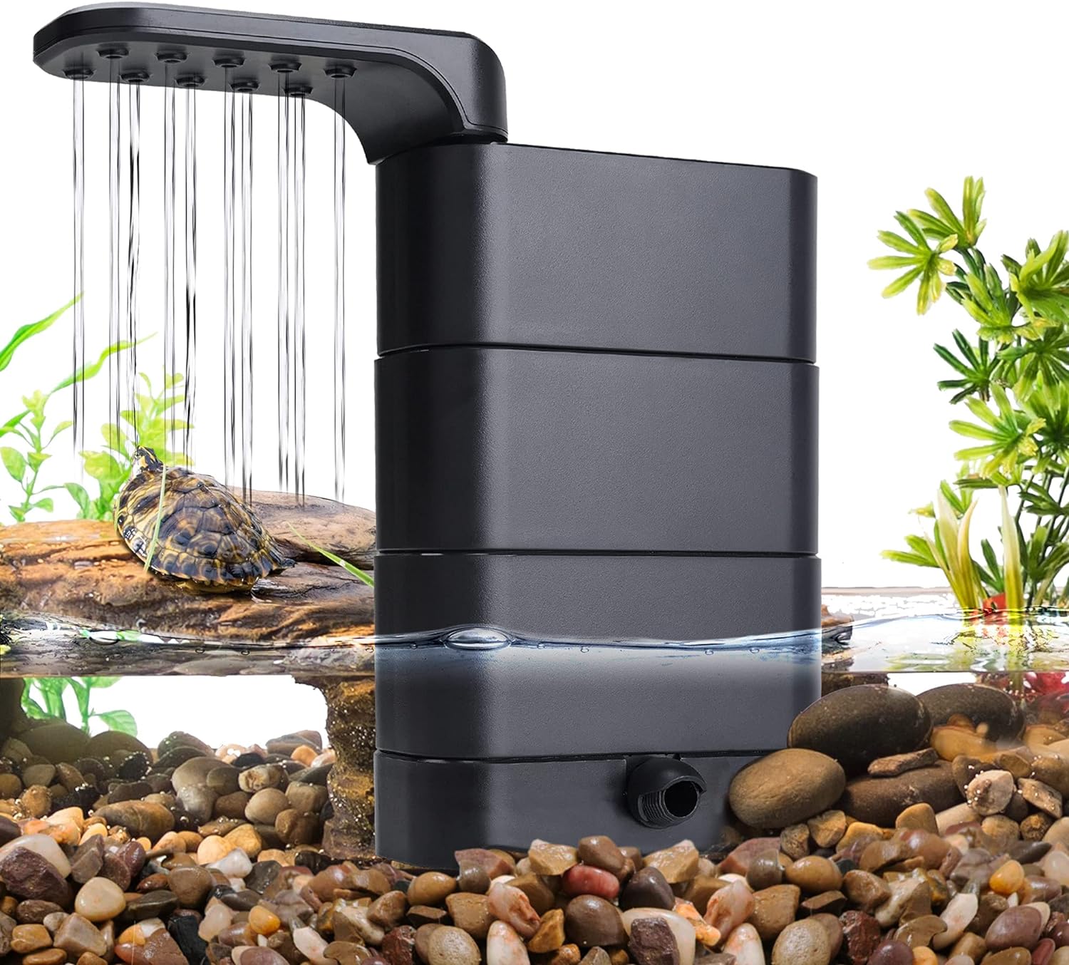 Black aquarium filter in an aquarium setting with plants and rocks.