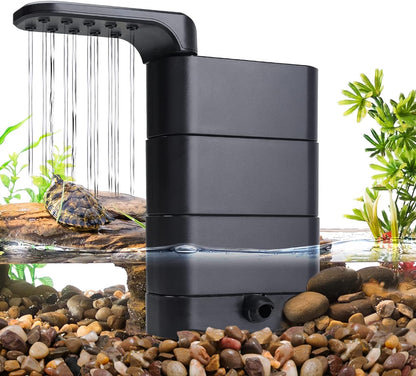 Black aquarium filter in an aquarium setting with plants and rocks.