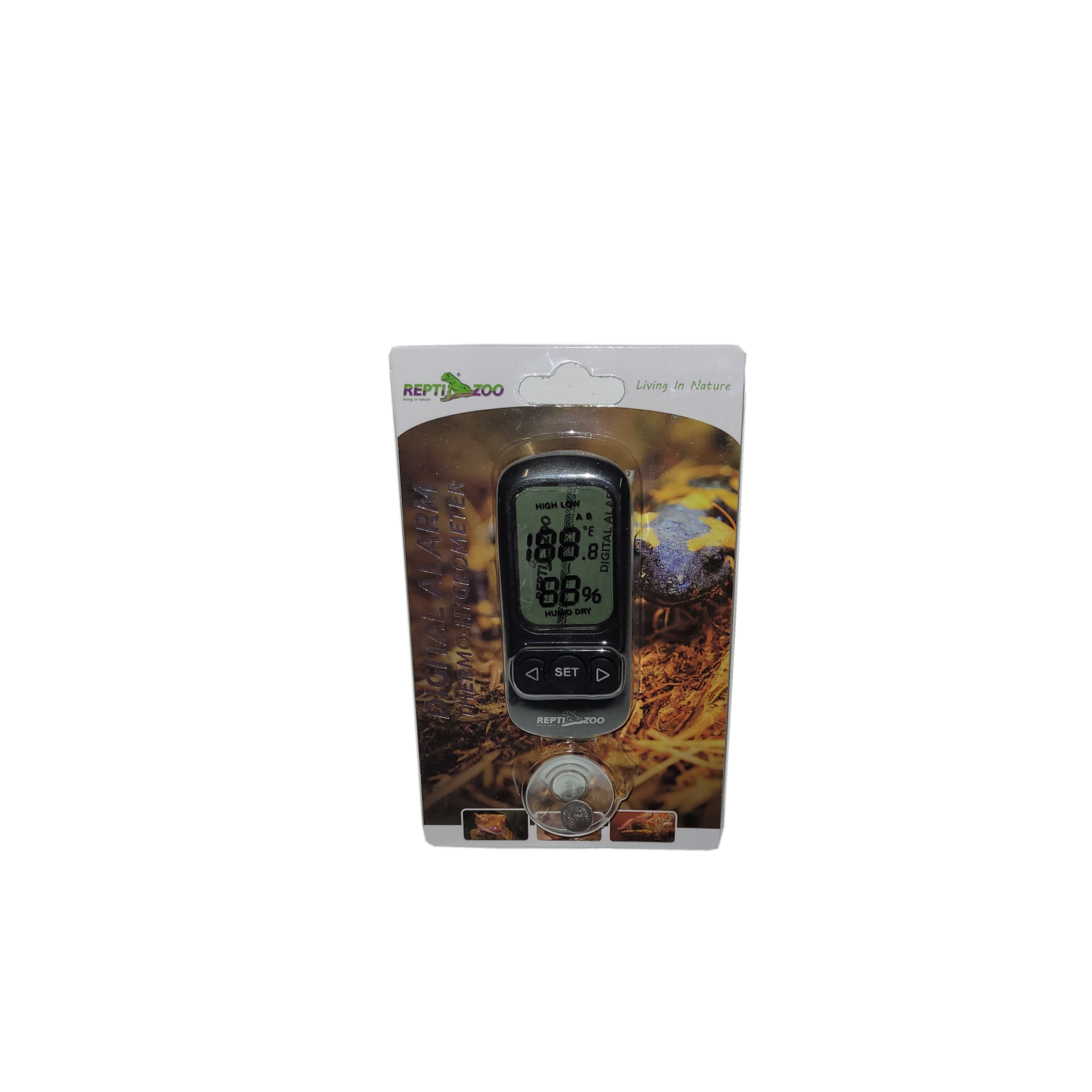 Digital alarm thermo-hygrometer showing display and alarm icons