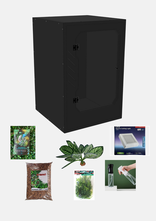 Black cabinet with gardening supplies on a white background