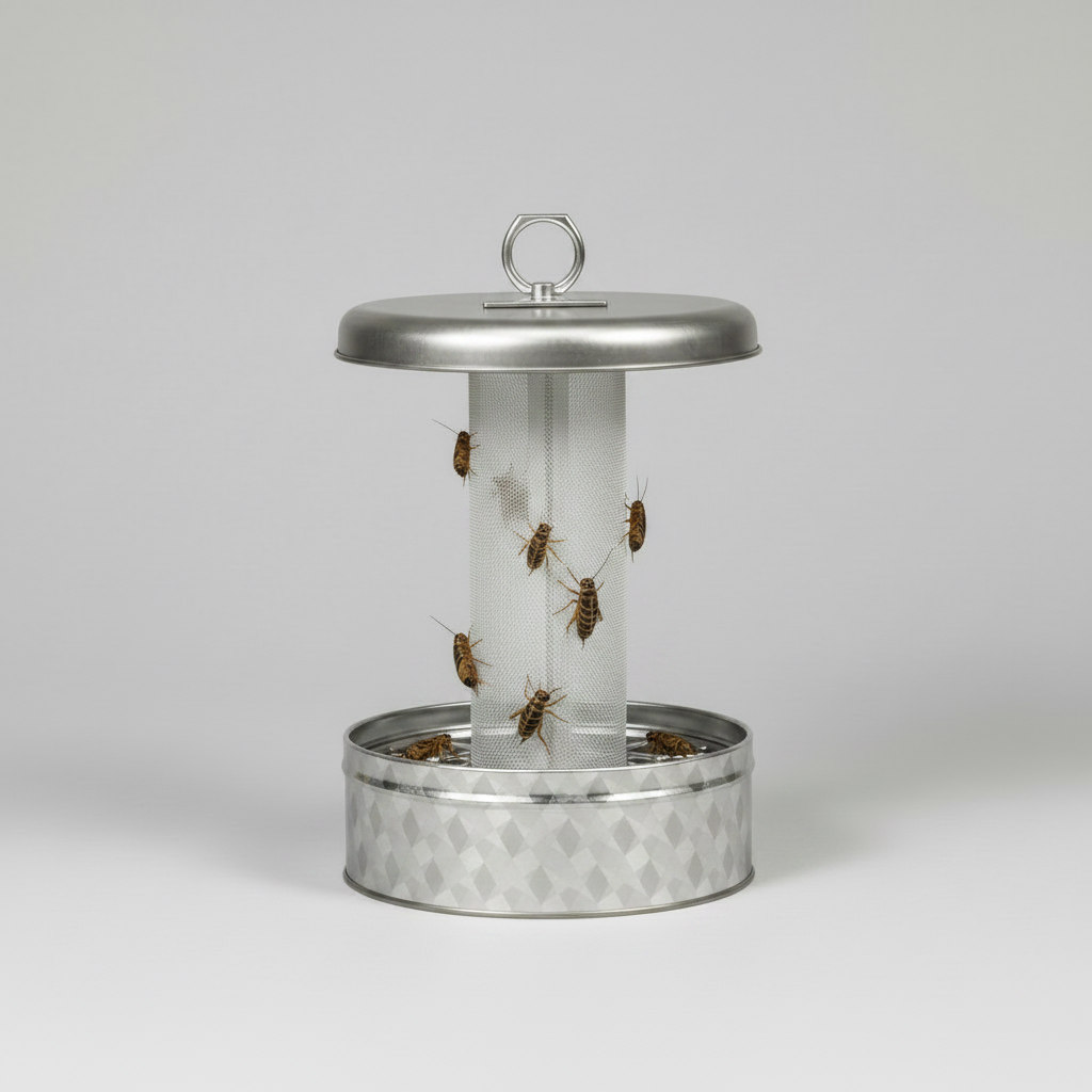 A cylindrical metal insect trap with a silver lid, mesh body, and patterned base, shown on a light gray studio background with several insects trapped inside.
