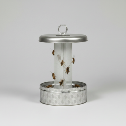 A cylindrical metal insect trap with a silver lid, mesh body, and patterned base, shown on a light gray studio background with several insects trapped inside.
