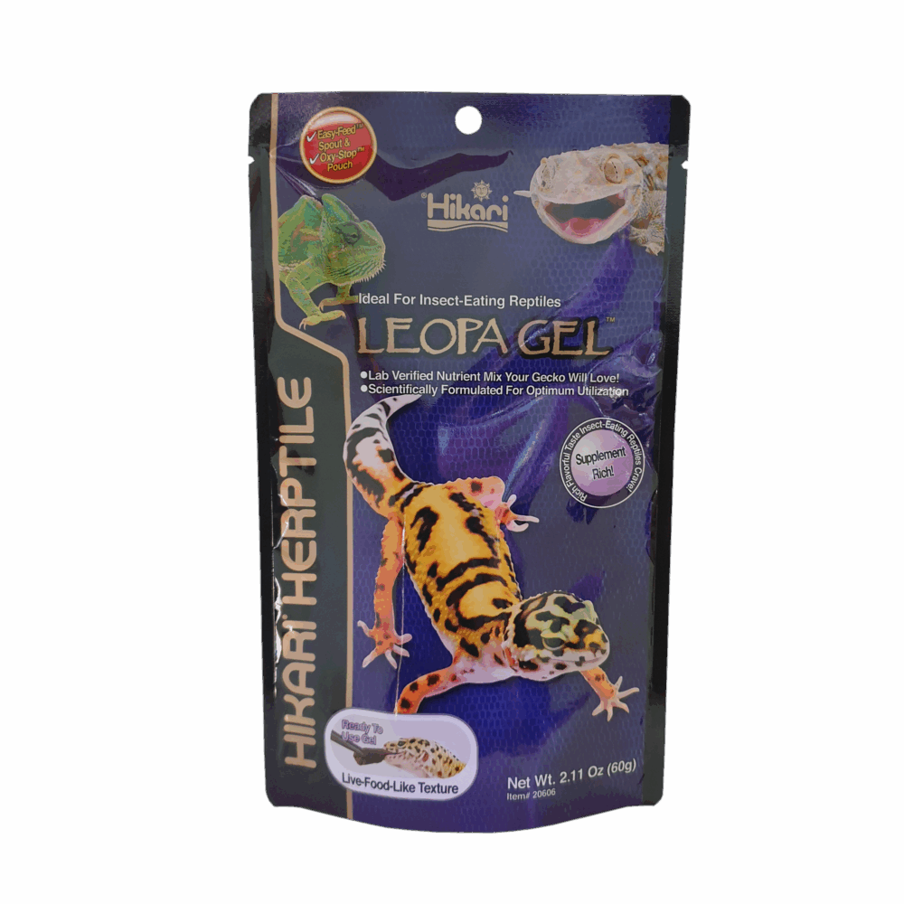 Hikari Leopa Gel packaging for reptiles on a dark background
