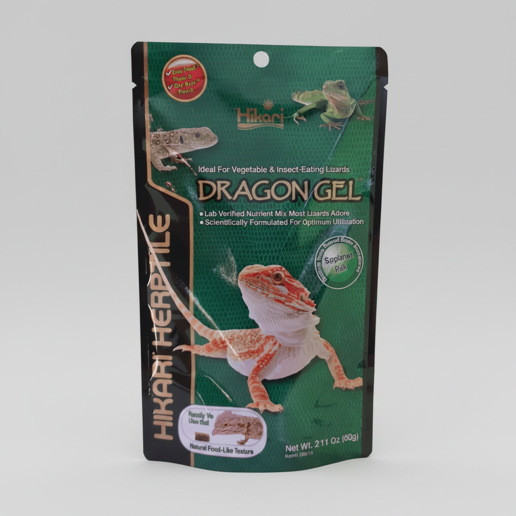 Hikari Herpetile Dragon Gel packaging with a lizard illustration on a white background