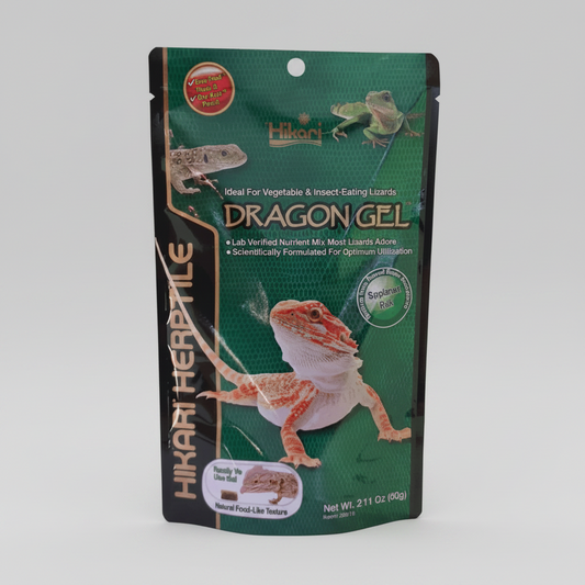 Hikari Herpetile Dragon Gel packaging with a lizard illustration on a white background