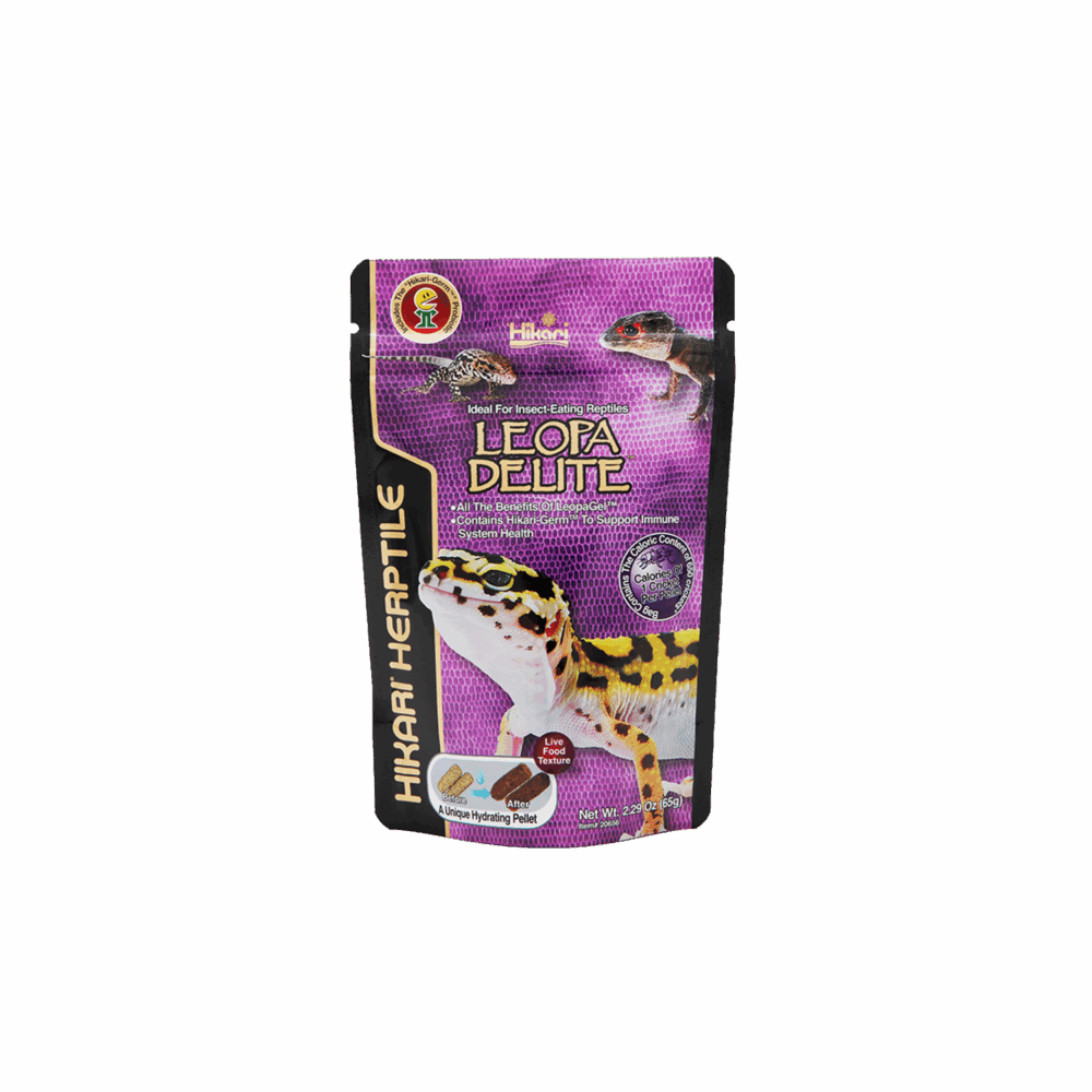 A package of Hikari Herptile Leopa Delitz live food, featuring a purple and black pouch with a leopard illustration, set against a solid gray background.